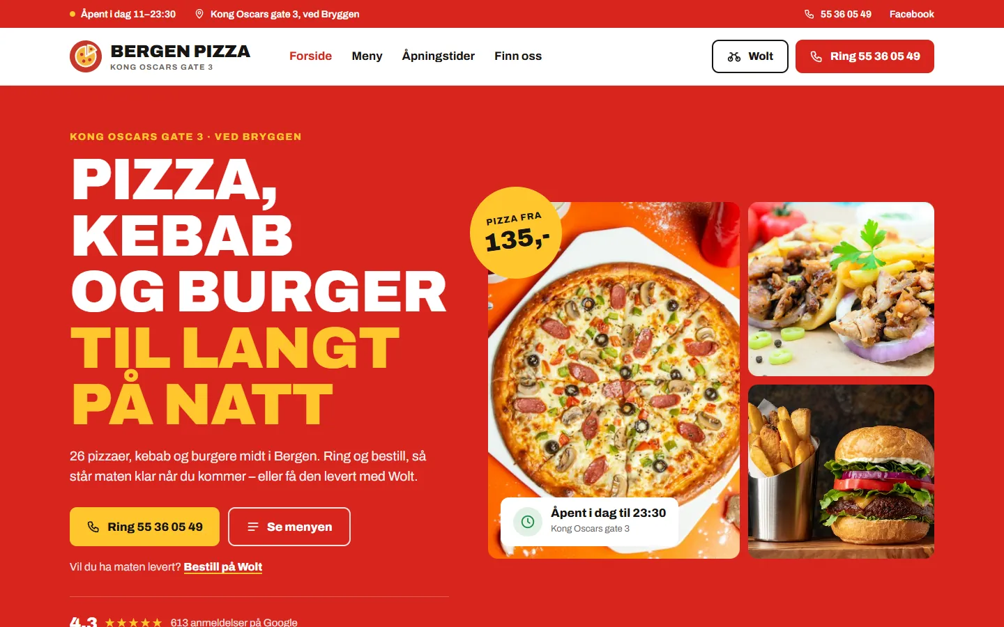 Forsiden til Bergen Pizza med rød toppseksjon, tre matbilder og knappen «Ring 55 36 05 49»