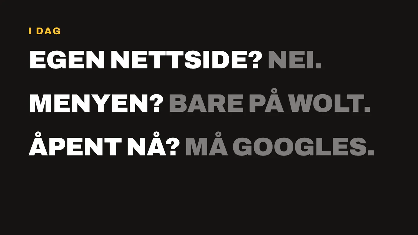 Tekst på svart: egen nettside? Nei. Menyen? Bare på Wolt. Åpent nå? Må googles.