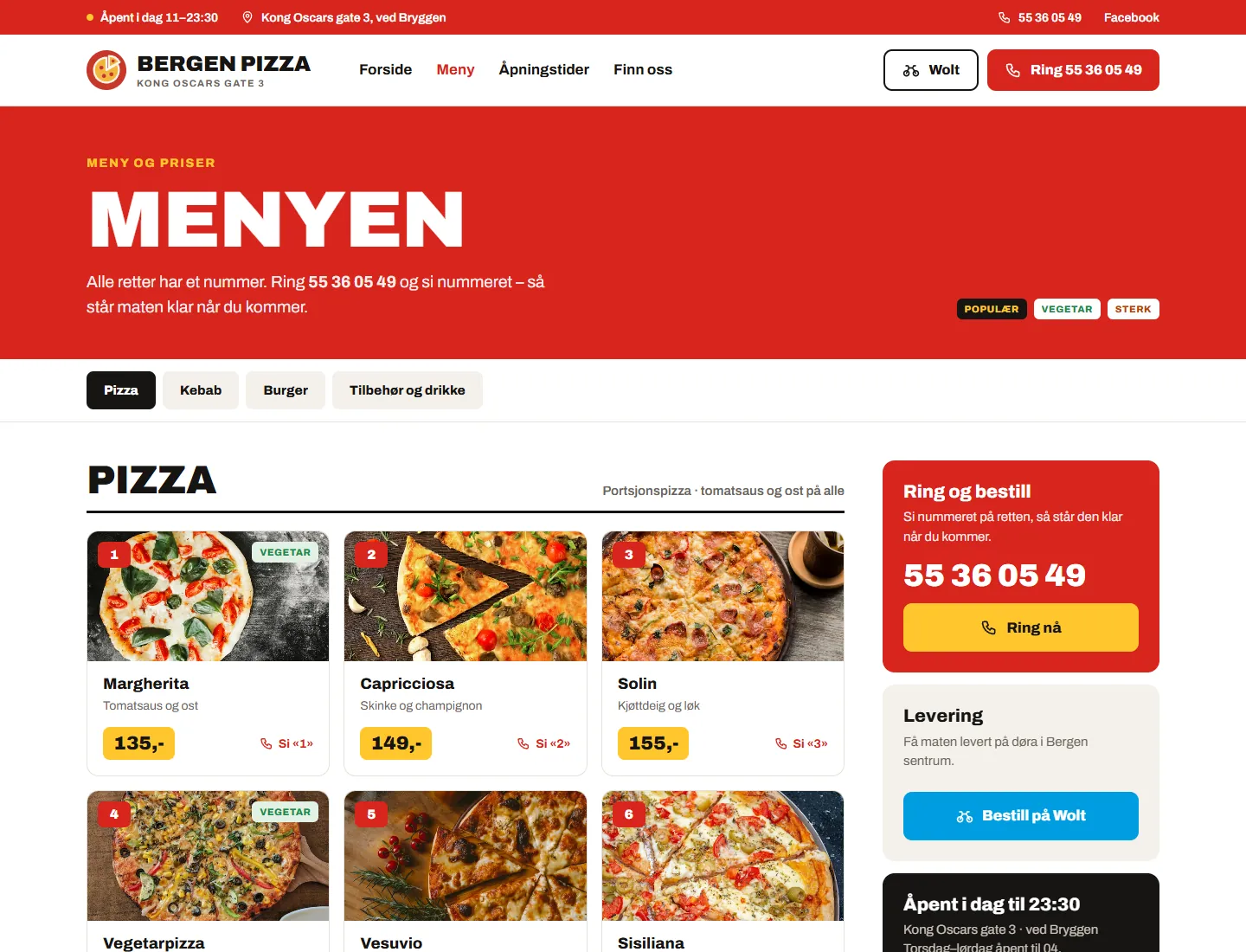 Menysiden med pizzaer som kort med bilde, nummer og gul pris
