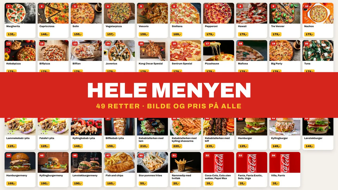 Alle 49 rettene fra menyen som små kort med bilde og pris