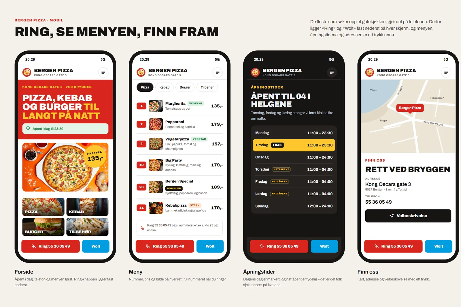 Fire mobilskjermer fra den nye nettsiden til Bergen Pizza