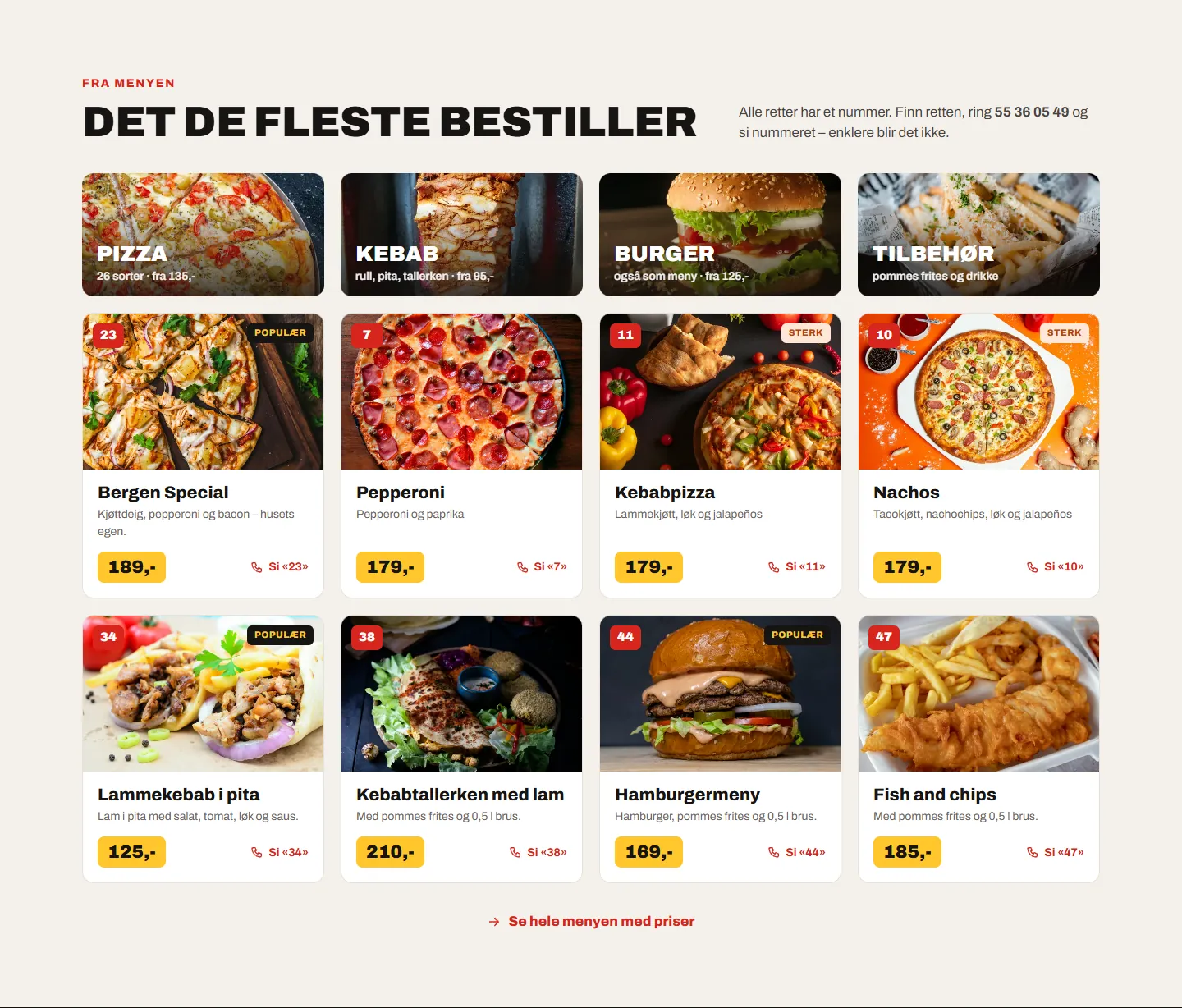 Åtte populære retter som kort med bilde, nummer og gul pris