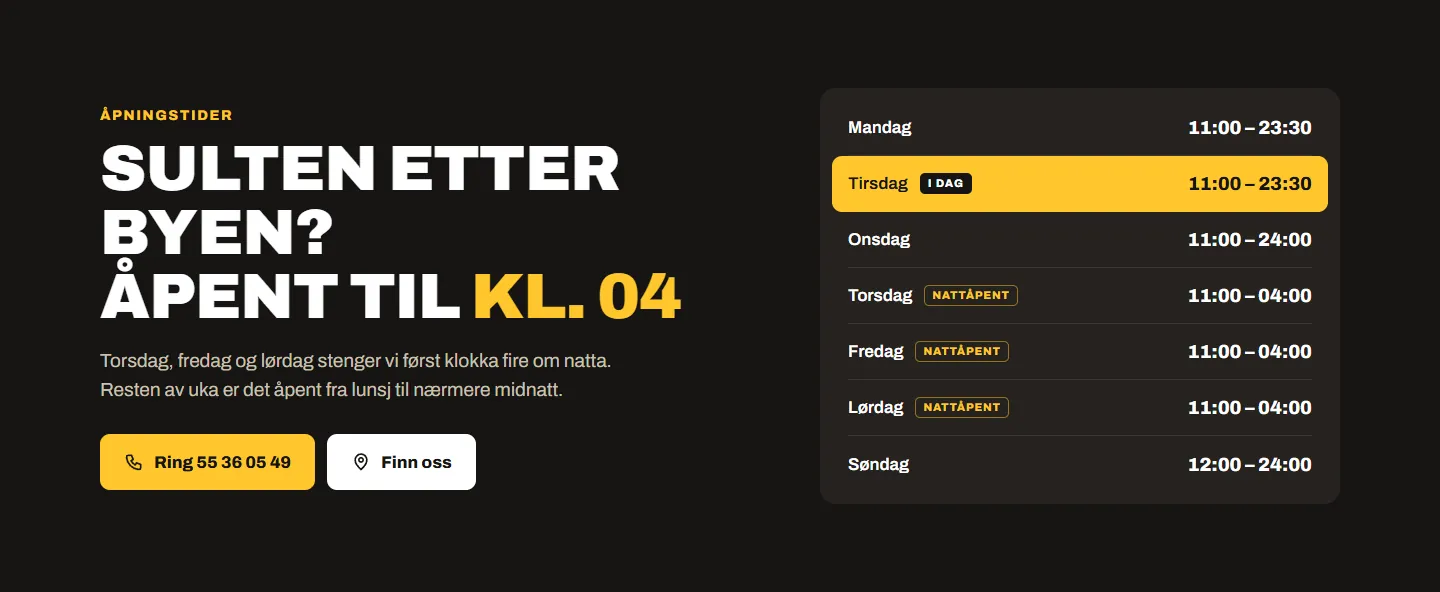 Åpningstider på svart bakgrunn med tirsdag markert og nattåpent torsdag til lørdag