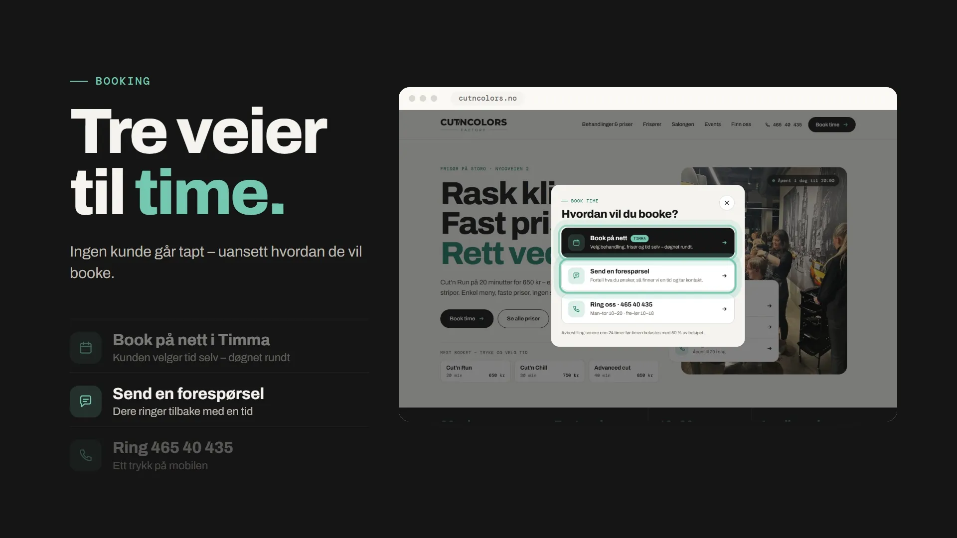 Booking-valget med Timma, skjema og telefon