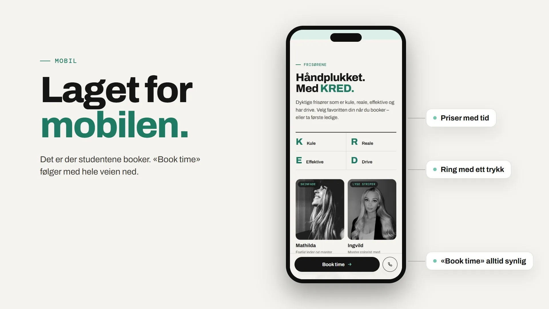 Mobilversjonen av CutnColors med fast «Book time»-knapp