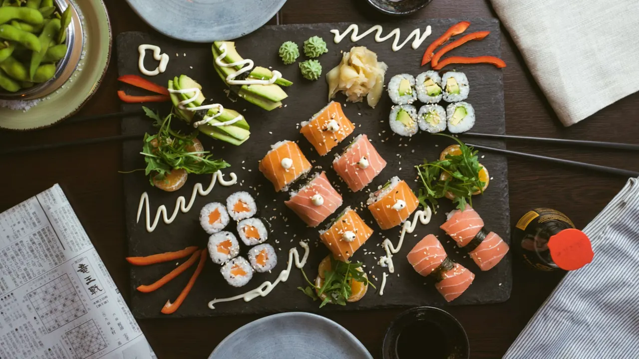 Sushi servert på et brett, sett ovenfra