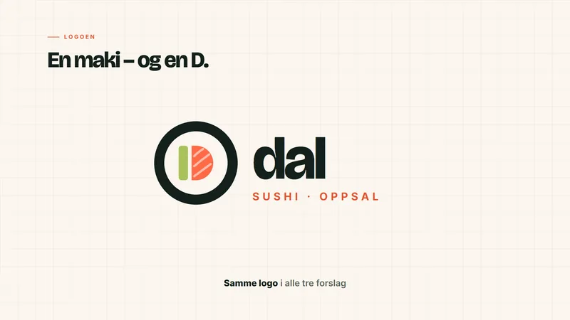 Dal Sushi-logoen: en maki sett ovenfra der fyllet danner en D
