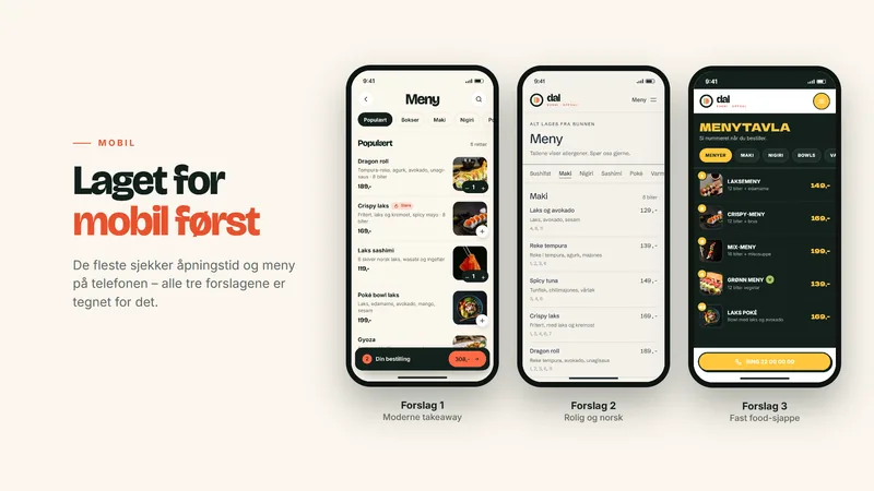 Mobilversjonene av de tre nettsideretningene for Dal Sushi