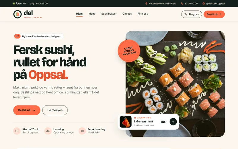 Retning 1, moderne takeaway: forside med «Bestill nå» og matbilde