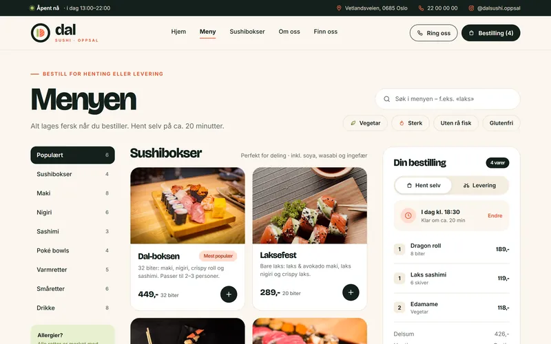 Retning 1: meny med kategorier, bilder og handlekurv