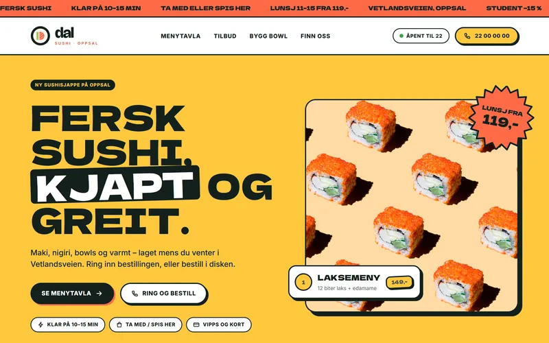 Retning 3, fast food-sjappe: gul forside med store bokstaver og lunsjtilbud