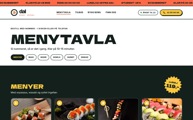 Retning 3: menytavle med nummererte menyer