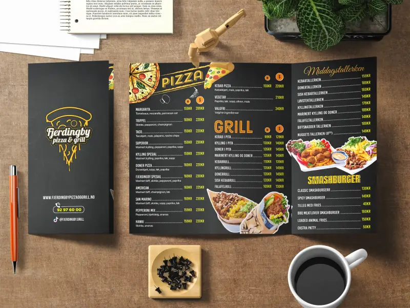 Take-away-menyen vi designet for Fjerdingby Pizza & Grill