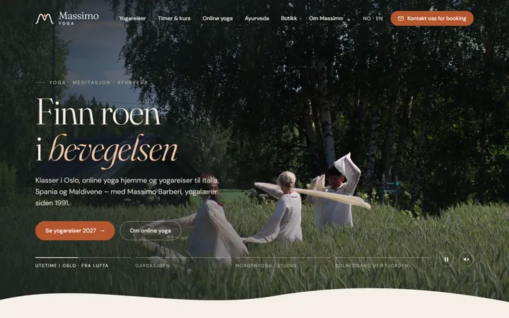 Forsiden i det nye designet med overskriften «Finn roen i bevegelsen» og filmglimt i toppen