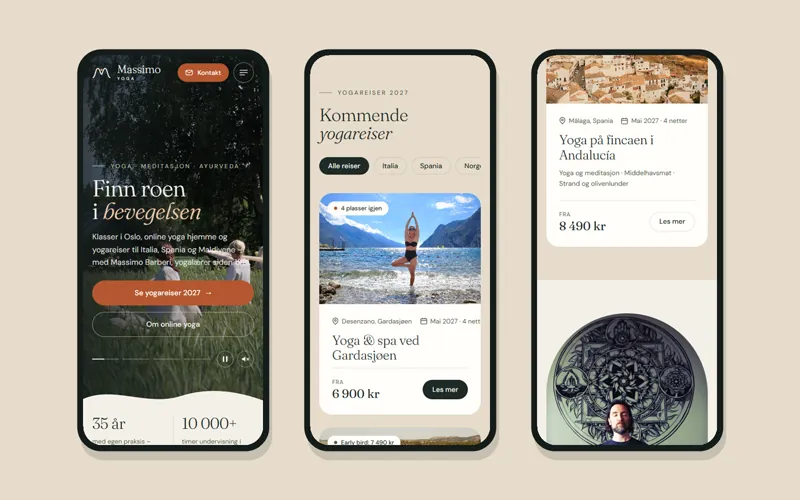Tre mobilskjermer fra det nye designet: forsiden, yogareisene og om Massimo