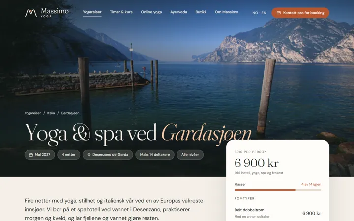 Reisesiden for yoga og spa ved Gardasjøen med pris, romtyper og «Kontakt oss for booking»