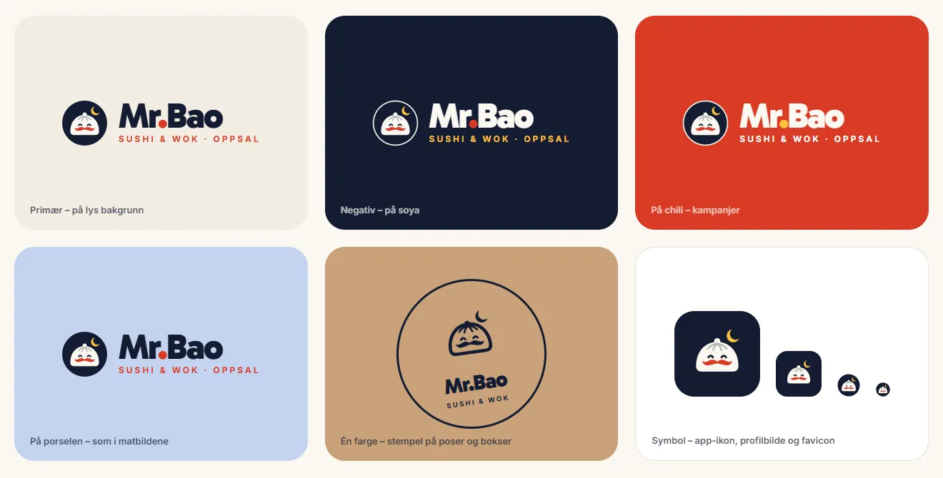 Logoen til Mr.Bao på ulike bakgrunner og som app-ikon
