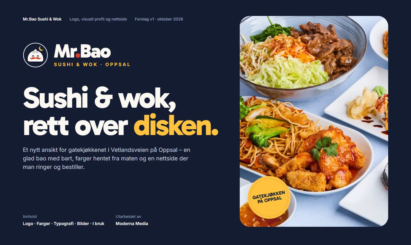 Visuell profil for Mr.Bao med logo, overskrift og matbilde