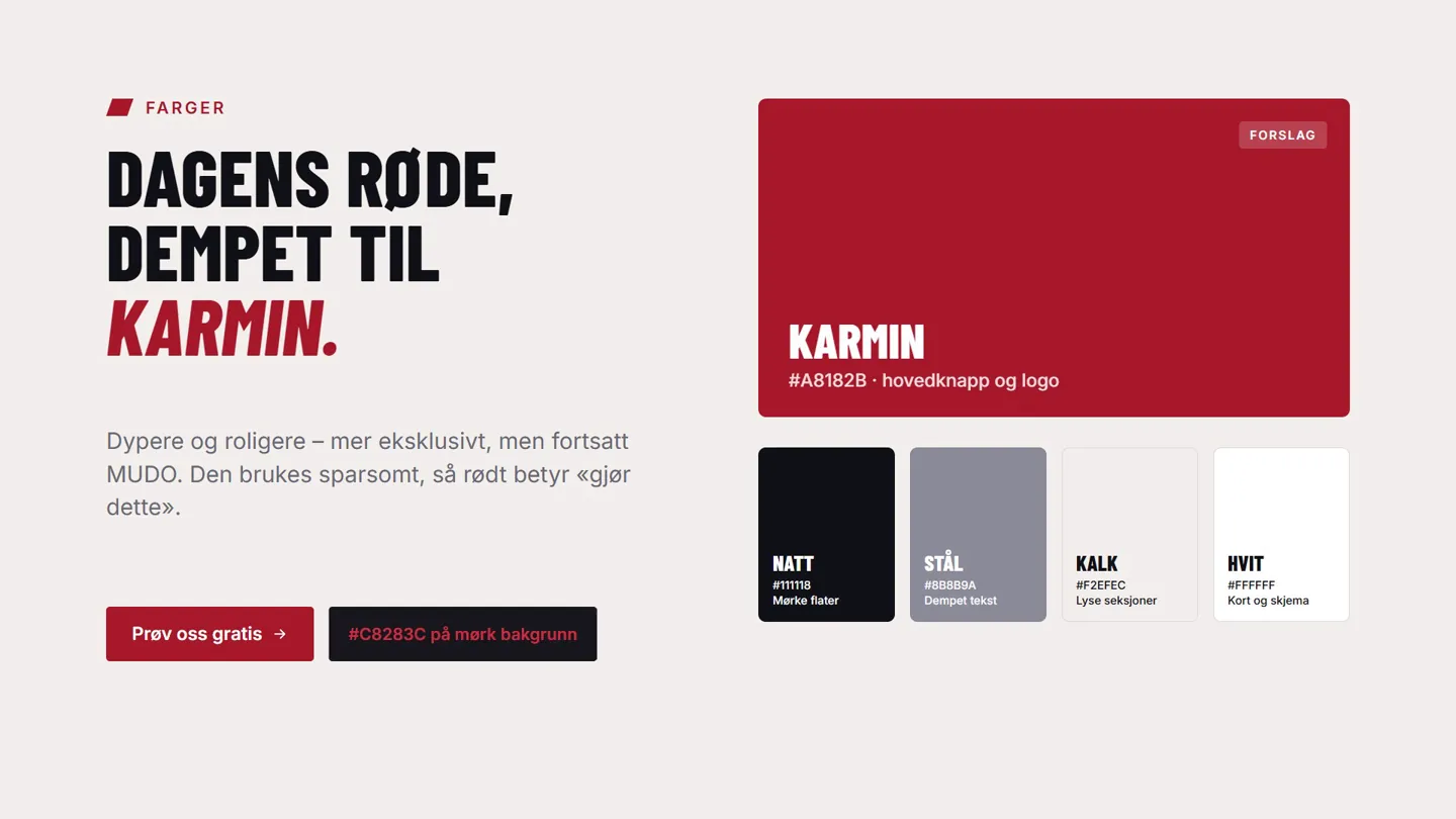 Fargeprofilen i det nye designet: karmin, natt, stål, kalk og hvit
