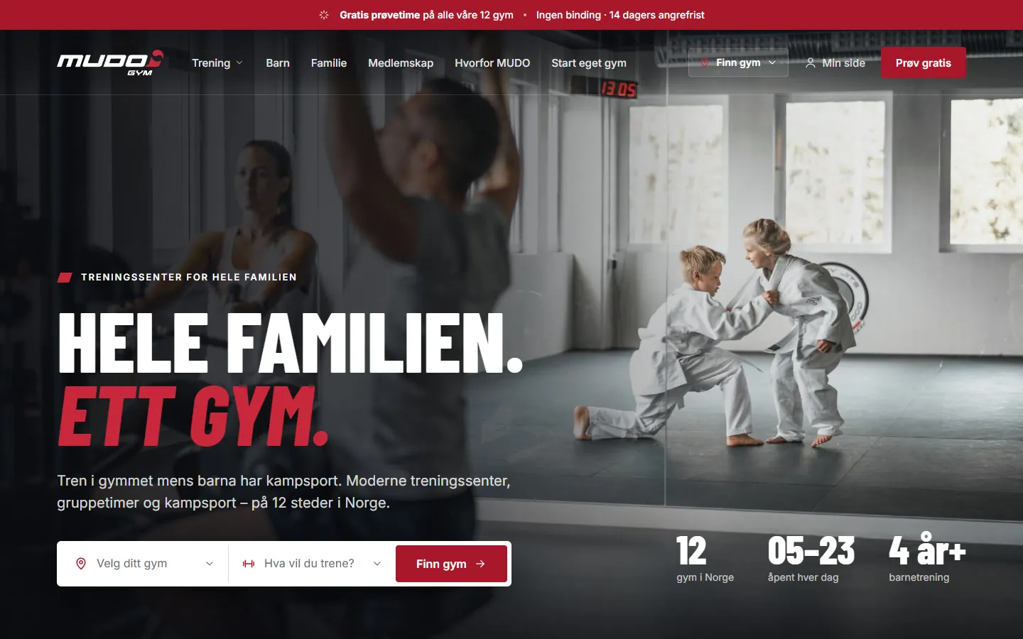 Forsiden for MUDO Gym med «Hele familien. Ett gym.» og gymvelger