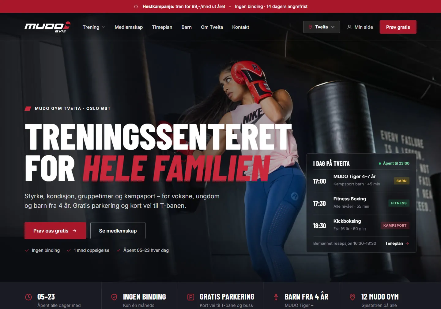 Den nye gymsiden for MUDO Gym Tveita med «Prøv oss gratis» og dagens timer i toppen