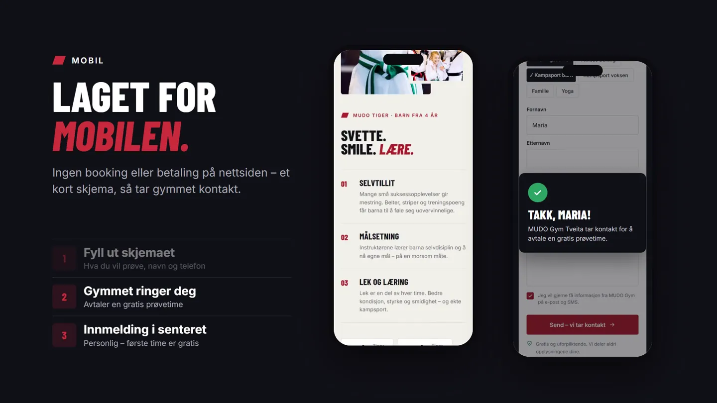 Mobilskjermer fra det nye designet med skjemaet for gratis prøvetime og bekreftelsen