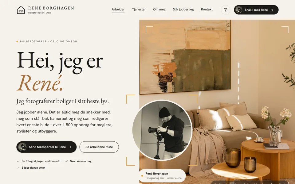 Forsiden med overskriften «Hei, jeg er René.» og portrettet hans i fokusrammer