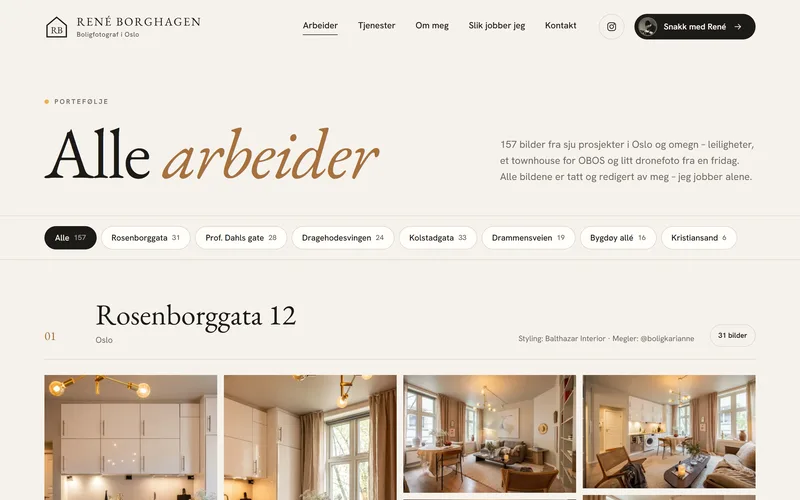 Porteføljesiden «Alle arbeider» med bilder sortert etter bolig