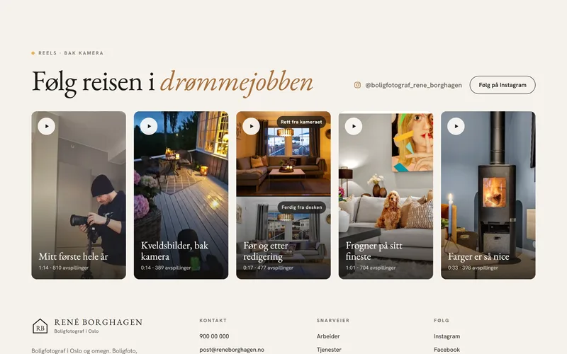 Reels-seksjonen på forsiden med fem videoer fra Instagram-kontoen til René