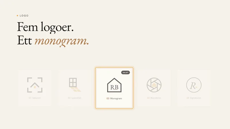 De fem logoene til René Borghagen, med monogrammet RB under et tak markert
