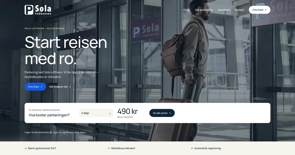 Forsiden i det nye designet for Sola Parkering, med overskriften «Start reisen med ro.» og priskalkulator