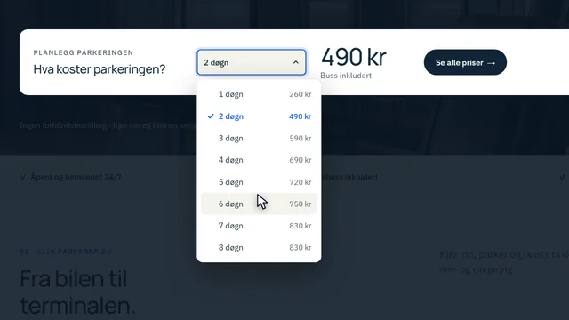 Priskalkulatoren med nedtrekksliste for antall døgn og prisen for hvert valg