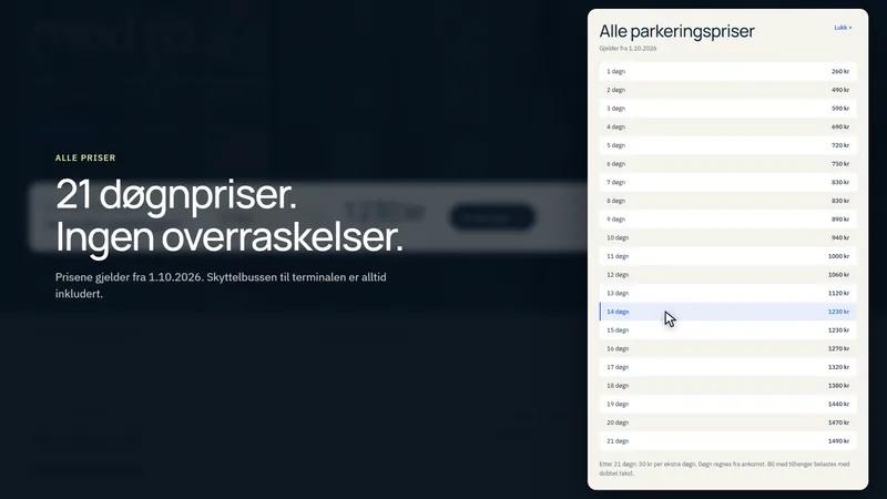 Oversikt over alle 21 døgnpriser hos Sola Parkering
