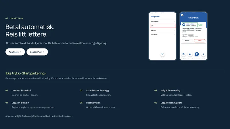 SmartPark-seksjonen med skjermbilder fra appen og seks steg for automatisk betaling