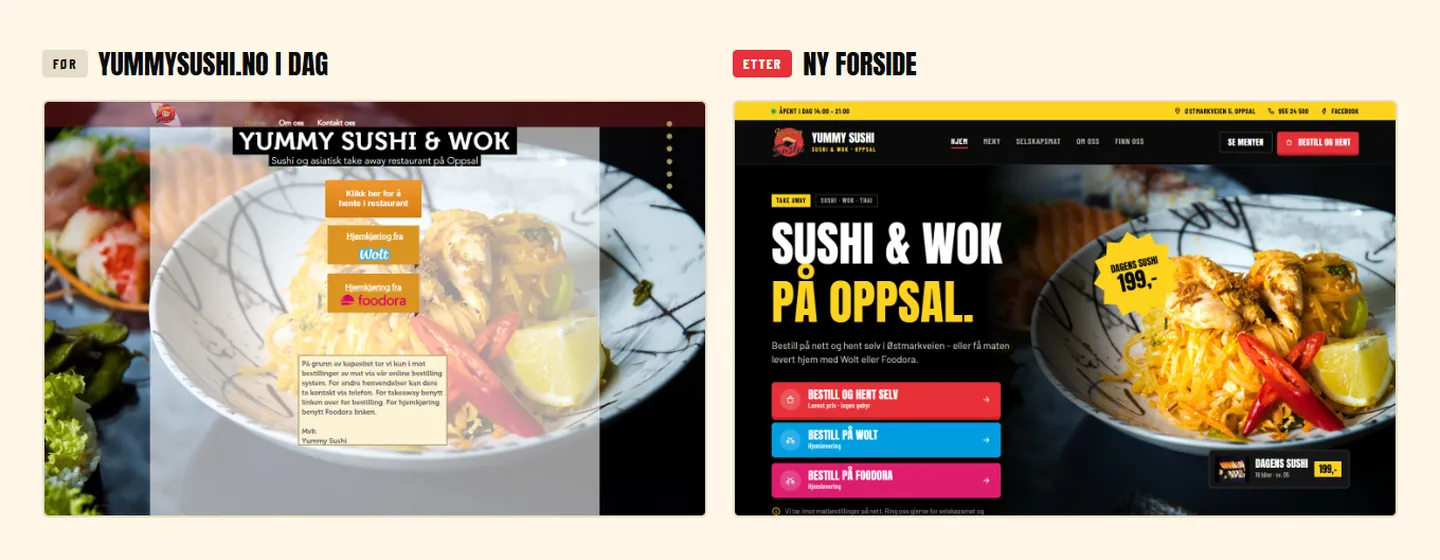 Den gamle og den nye forsiden til Yummy Sushi & Wok side om side