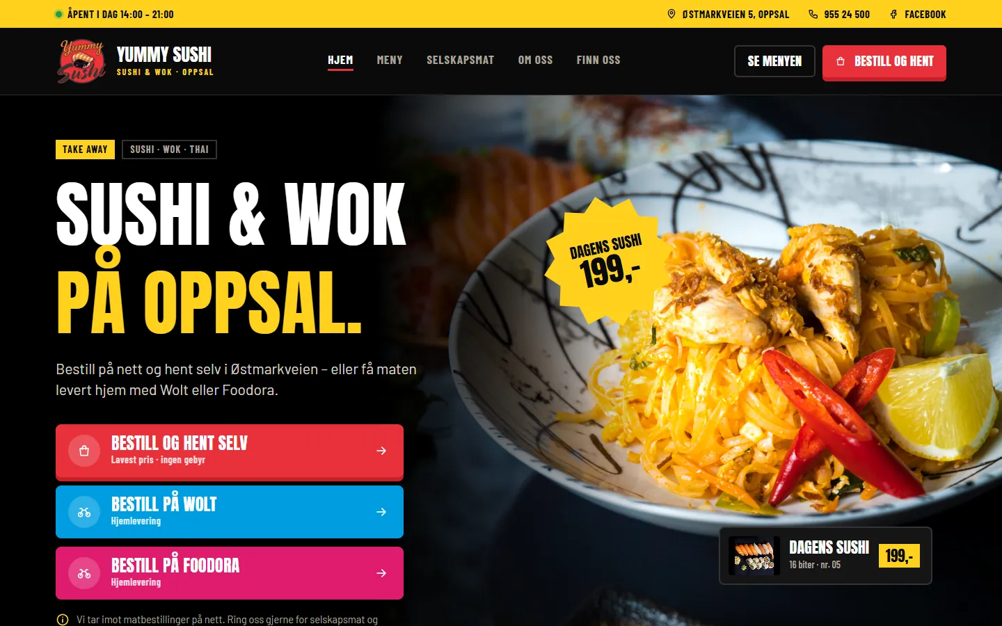 Den nye forsiden til Yummy Sushi & Wok med tre bestillingsknapper og pad thai
