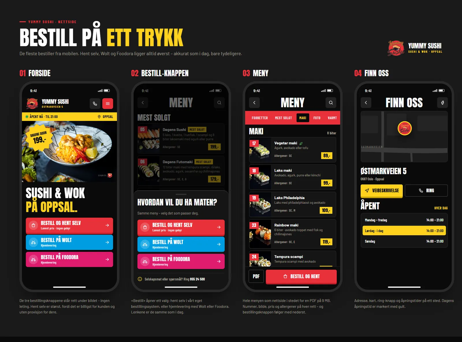 Fire mobilskjermer fra den nye nettsiden til Yummy Sushi & Wok